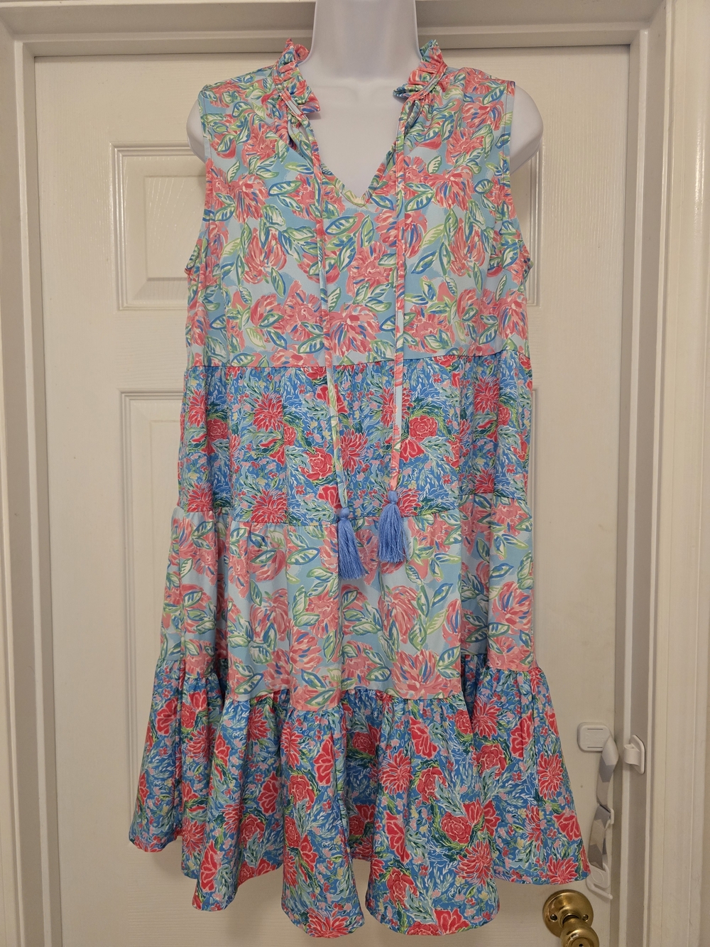 Umgee Sleeveless Floral Tassel Tie Tiered Sundress - Blue & Coral
